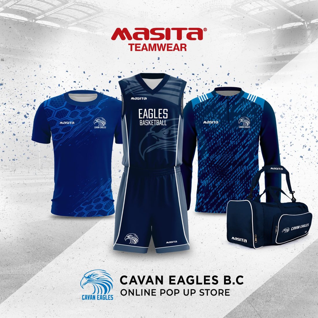 Cavan Eagles B.C. Masita teamwear — jersey, shorts, training tops and kit bag